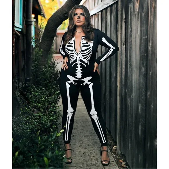 Women's White Skeleton Form Fitting Bodysuits Halloween Sexy Skeleton Costume - Picture 3 of 7